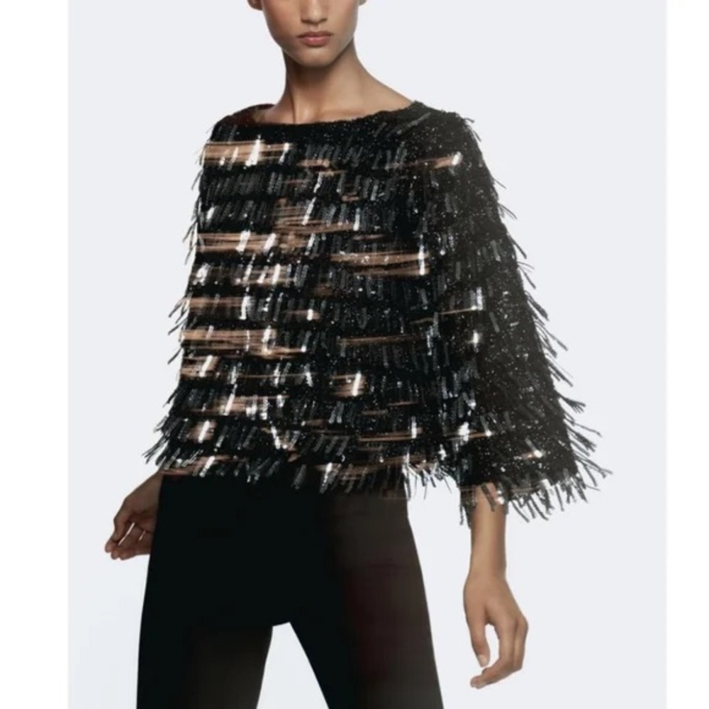 Zara black and silver sequin fringe top